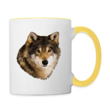 Wolf Wolfskopf Tier Kopf Raubtier gemalt cool wild - Tasse zweifarbig - Weiß/Gelb - Rechts