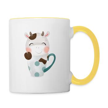 Cute cow looks out of a mug with stars - Contrasting Mug - white/yellow - Right