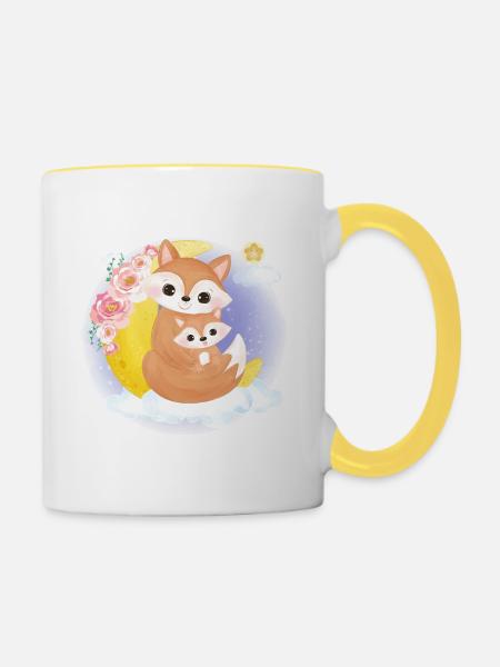 Nette Fuchs Familie auf einer Wolke mit Mond - Tasse zweifarbig - Weiß/Gelb
