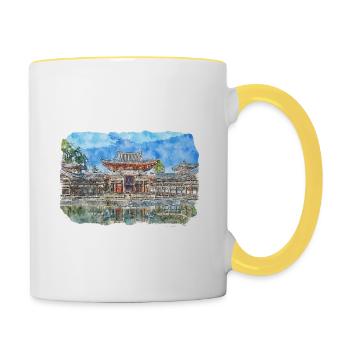 Kyoto Japan Aquarell Skizze gezeichnete Illustration - Tasse zweifarbig - Weiß/Gelb - Rechts