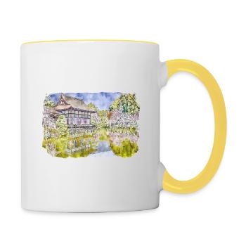 Kyoto Japan Aquarell Skizze gezeichnete Illustration - Tasse zweifarbig - Weiß/Gelb - Rechts