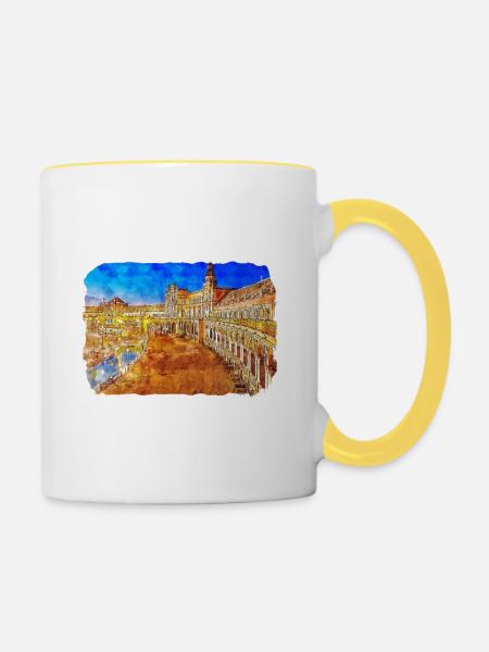 Séville Espagne Aquarelle Sketch Illustration - Mug contrasté - blanc/jaune