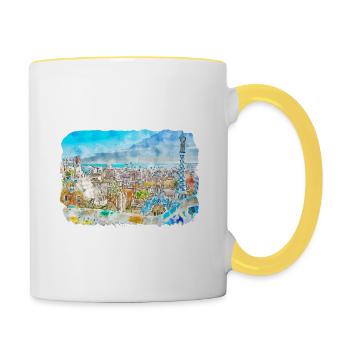 Barcelona Spanien Aquarell Skizze Zeichnung Zeichnung - Tasse zweifarbig - Weiß/Gelb - Rechts
