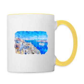 Santorini Griechenland Aquarell Skizze Zeichnung Zeichnung - Tasse zweifarbig - Weiß/Gelb - Rechts