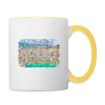 Zürich Schweiz Aquarellskizze gezeichnet Paintin - Tasse zweifarbig - Weiß/Gelb - Rechts