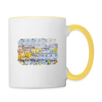 Prag Tschechien Aquarell Skizze Zeichnung - Tasse zweifarbig - Weiß/Gelb - Rechts