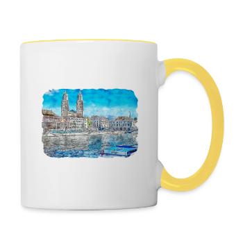 Zürich Schweiz Aquarell Skizze Illustration - Tasse zweifarbig - Weiß/Gelb - Rechts