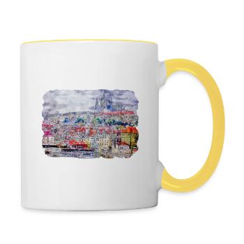 Prag Tschechien Aquarell Skizze Zeichnung - Tasse zweifarbig - Weiß/Gelb - Rechts