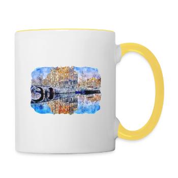 Amsterdam Netherlands Watercolor Sketch Drawn Pain - Contrasting Mug - white/yellow - Right