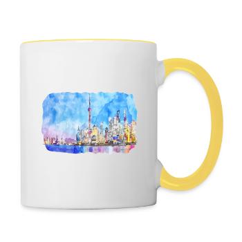 Shanghai Chine Aquarelle Esquisse Dessin Dessiné - Mug contrasté - blanc/jaune - Droite