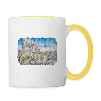 Rumänien Wahrzeichen Aquarell Skizze Farbe Zeichnung - Tasse zweifarbig - Weiß/Gelb - Rechts