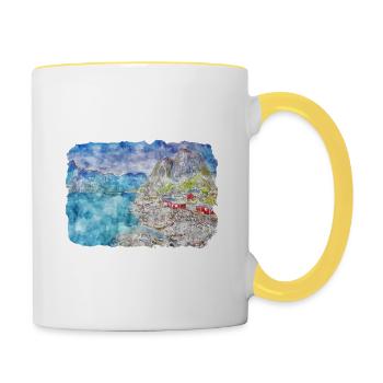 Norwegen, Aquarell, Skizze, Hand, Gezeichnet, Illustration - Tasse zweifarbig - Weiß/Gelb - Rechts
