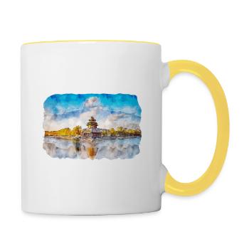 Japon aquarelle croquis dessinés à la main Illustration - Mug contrasté - blanc/jaune - Droite