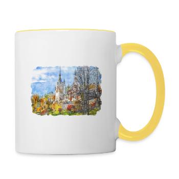 Roumanie Landmark Aquarelle Esquisse Dessin de peinture - Mug contrasté - blanc/jaune - Droite