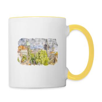 Prag Tschechische Aquarellskizze Malerei Zeichnung - Tasse zweifarbig - Weiß/Gelb - Rechts