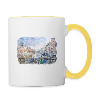 Amsterdam Pays-Bas Aquarelle Esquisse Dessinée Douleur - Mug contrasté - blanc/jaune - Droite