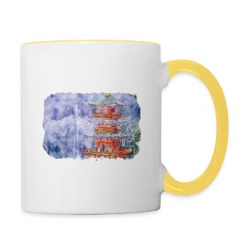 Japan Aquarellskizze Handgezeichnete Illustration - Tasse zweifarbig - Weiß/Gelb - Rechts