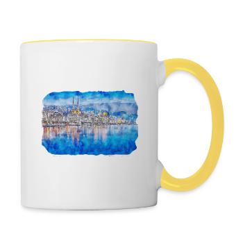 Luzern Schweiz Aquarellskizze gezeichnet Illust - Tasse zweifarbig - Weiß/Gelb - Rechts