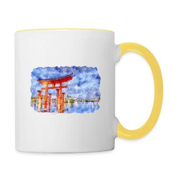 Japan Aquarellskizze Handgezeichnete Illustration - Tasse zweifarbig - Weiß/Gelb - Rechts