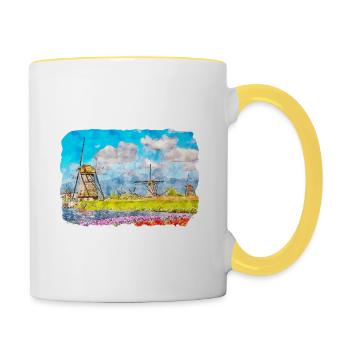 Kinderdijk Moulins à vent Pays-Bas Aquarelle Dessin D - Mug contrasté - blanc/jaune - Droite