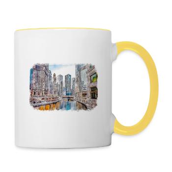 Chicago USA Aquarell Skizze gezeichnete Illustration - Tasse zweifarbig - Weiß/Gelb - Rechts