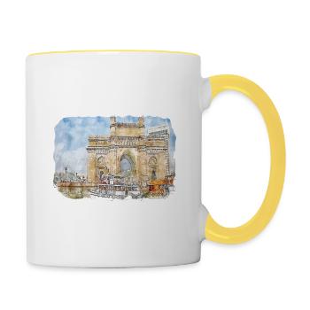 Mumbai India Watercolor Sketch Drawn Painting - Contrasting Mug - white/yellow - Right