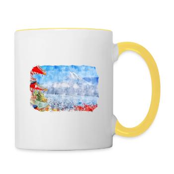 Japan Aquarellskizze Handgezeichnete Illustration - Tasse zweifarbig - Weiß/Gelb - Rechts