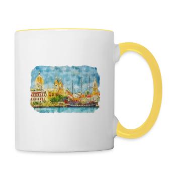 Cartagena Kolumbien Aquarell Skizze Gezeichnet Illustr - Tasse zweifarbig - Weiß/Gelb - Rechts