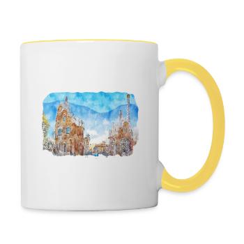 Barcelona Spanien Aquarell Skizze gezeichnet Illustrati - Tasse zweifarbig - Weiß/Gelb - Rechts