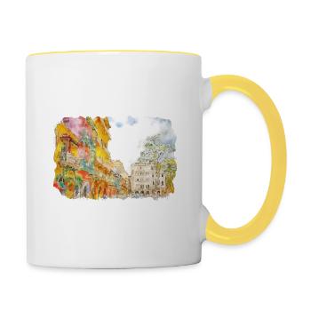 Cartagena Kolumbien Aquarell Skizze Gezeichnet Illustr - Tasse zweifarbig - Weiß/Gelb - Rechts