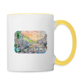 Amsterdam Netherlands Watercolor Sketch Drawing - Contrasting Mug - white/yellow - Right