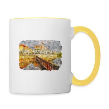 Prag Tschechien Aquarell Skizze Zeichnung - Tasse zweifarbig - Weiß/Gelb - Rechts