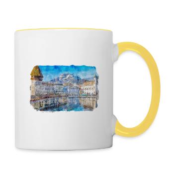 Luzern Schweiz Aquarellskizze gezeichnet Illust - Tasse zweifarbig - Weiß/Gelb - Rechts