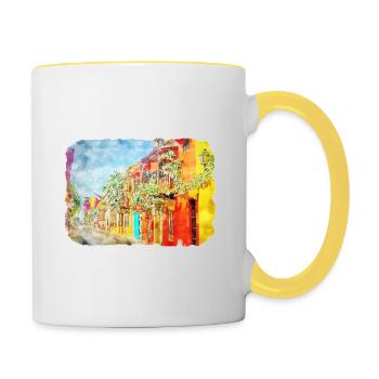 Cartagena Kolumbien Aquarell Skizze Gezeichnet Illustr - Tasse zweifarbig - Weiß/Gelb - Rechts