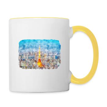 Tokyo Japon Aquarelle Dessin Dessin Illustration - Mug contrasté - blanc/jaune - Droite