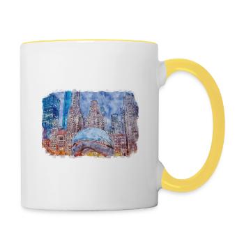 Chicago USA Aquarell Skizze gezeichnete Illustration - Tasse zweifarbig - Weiß/Gelb - Rechts