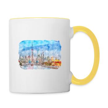 Shanghai Chine Aquarelle Esquisse Dessin Dessiné - Mug contrasté - blanc/jaune - Droite