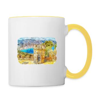Cartagena Kolumbien Aquarell Skizze Gezeichnet Illustr - Tasse zweifarbig - Weiß/Gelb - Rechts
