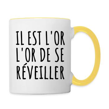 Il est l'or de se réveiller - Mug contrasté - blanc/jaune - Droite