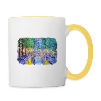 Amsterdam Netherlands Watercolor Sketch Drawing - Contrasting Mug - white/yellow - Right