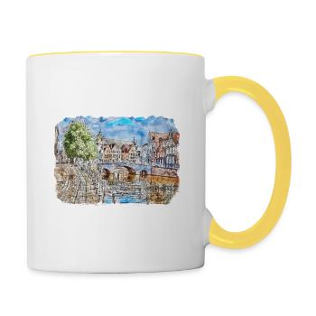 Bruges Belgium Watercolor Sketch Drawn Illustratio - Contrasting Mug - white/yellow - Right