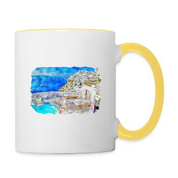 Santorini Griechenland Aquarell Skizze Zeichnung Zeichnung - Tasse zweifarbig - Weiß/Gelb - Rechts