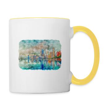 Chicago USA Aquarell Skizze gezeichnete Illustration - Tasse zweifarbig - Weiß/Gelb - Rechts