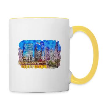 Chicago USA Aquarell Skizze gezeichnete Illustration - Tasse zweifarbig - Weiß/Gelb - Rechts