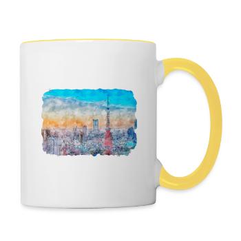 Japan Aquarellskizze Handgezeichnete Illustration - Tasse zweifarbig - Weiß/Gelb - Rechts