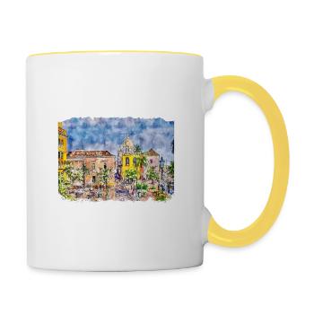 Cartagena Kolumbien Aquarell Skizze Gezeichnet Illustr - Tasse zweifarbig - Weiß/Gelb - Rechts