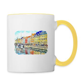 Copenhague Danemark Aquarelle Esquisse Dessinée Paintin - Mug contrasté - blanc/jaune - Droite