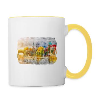 Prager Tschechien Aquarellskizze - Tasse zweifarbig - Weiß/Gelb - Rechts