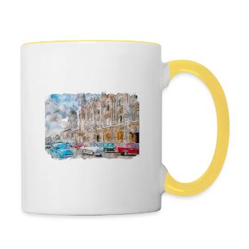 Habana Kuba Aquarell Skizze Gezeichnete Illustration - Tasse zweifarbig - Weiß/Gelb - Rechts