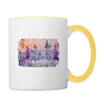 Prag Tschechien Aquarell Skizze Zeichnung - Tasse zweifarbig - Weiß/Gelb - Rechts